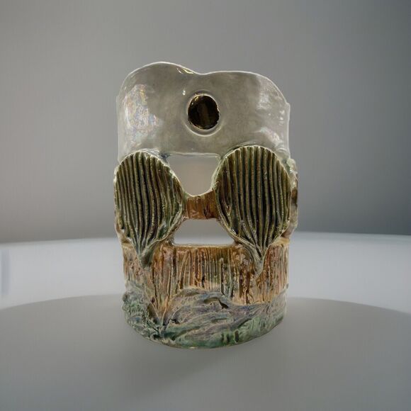 John Nartker Studio Art Pottery Candle Holder Iridescent Cut Out Seashell Signed - Picture 4 of 7